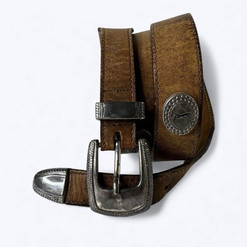 PGA Tour‎ Oil Tanned Brown Leather Belt Sz 38 Golfer Concho Silver Tone USA Vtg